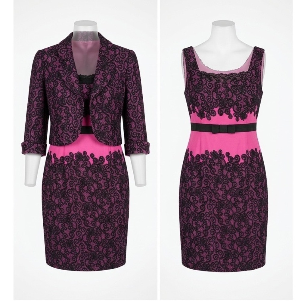 Le Bos Womens Pink Black Lace Print Jacket/ Dress Suit Size 18 Glamcore Boomboom